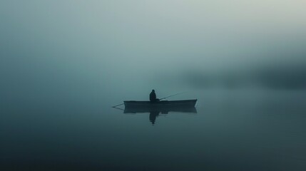 A lone fisherman fishing in the middle of a foggy lake at dawn, surrounded by misty water and low visibility, capturing the quiet and calm atmosphere of early morning.