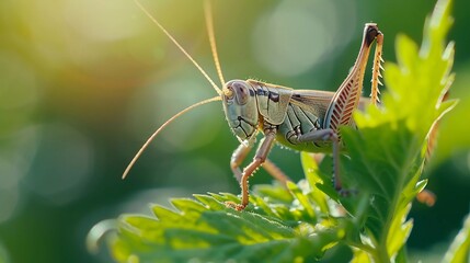 Fototapeta premium macro photography of a grasshopper in a green leaves