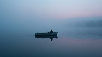 Obraz premium A serene view of a lone fisherman on a small boat amidst a misty lake at sunrise, capturing the tranquility and calmness of an early morning fishing experience.