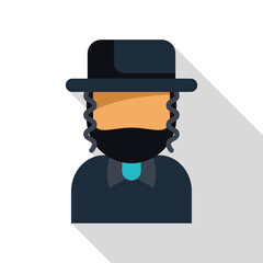 Jewish man wearing traditional clothes and hat with payot sidecurls flat design icon with long shadow