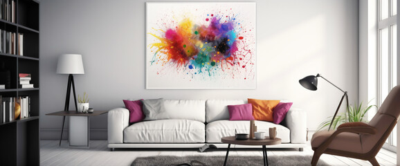 Step into a room adorned with a vibrant illustration within a blank white frame, surrounded by a whimsical wonderland of color splashes.