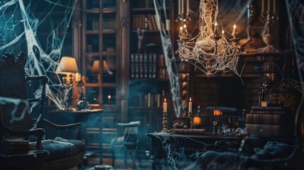 Spooky antique library filled with cobwebs and old books, illuminated by candles and chandeliers. Halloween decorations, haunted house, eerie ambiance, vintage interior, spooky background.