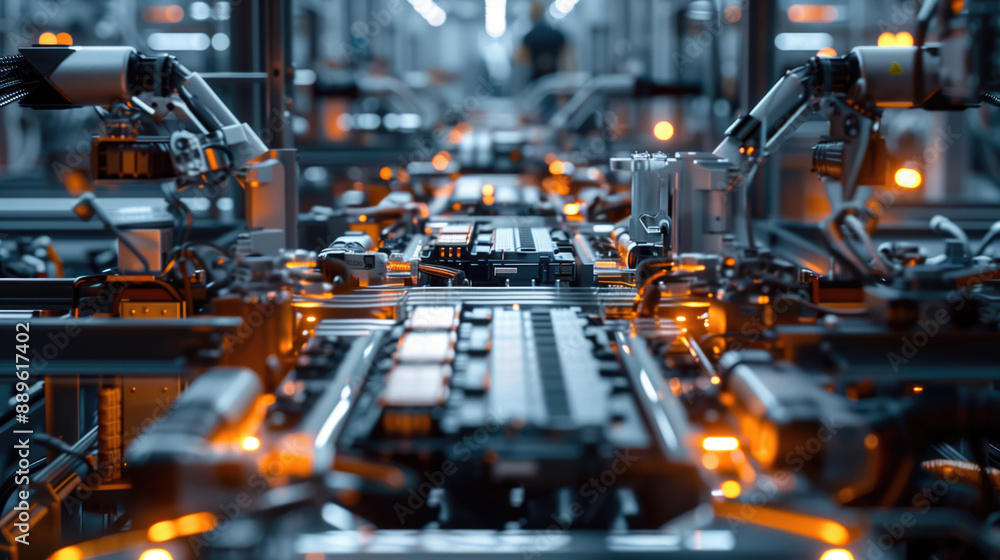 Poster advanced robotic arms working in a high-tech automated assembly line of an electronic manufacturing 