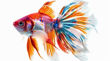 Fototapeta premium A multicolored goldfish with vibrant flowing fins, elegantly displaying its bright hues and serene movements in an underwater scene, capturing attention with its beauty.