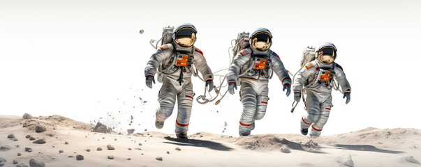 Three Astronauts Running Across The Moon's Surface
