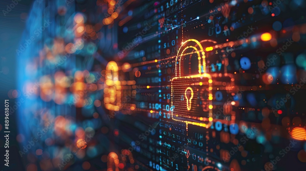 Poster glowing orange padlock on a blue background with a binary code