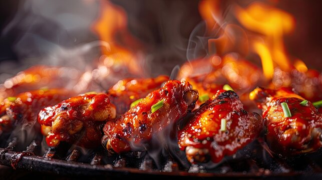 Delicious BBQ chicken wings on a grill with flames in the background, sizzling and covered in sauce, ready to be enjoyed