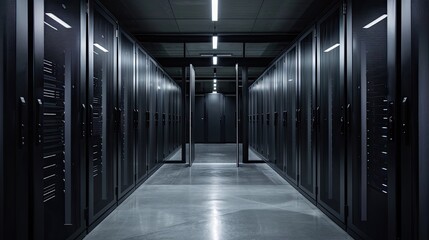 The dark server room with rows of cabinets.