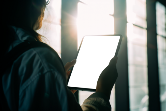 Person using a tablet by a window with sunlight, highlighting modern technology and connectivity. Transparent screen for copy space - Powered by Adobe
