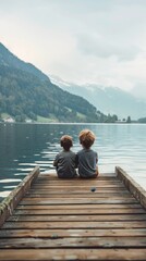 Fototapeta premium Two young boys are sitting on a dock by a lake, looking out at the water