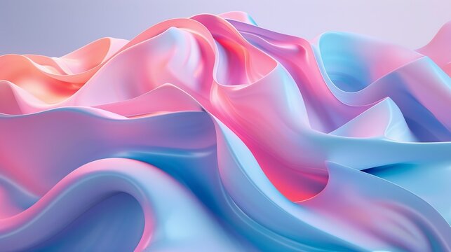 Smooth and elegant curves of pastel waves merge fluidly, blending shades of blue and pink in this abstract piece, creating a soothing and imaginative landscape.