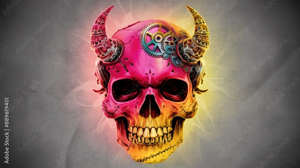 Wall mural A colorful skull with horns and a clock on it's forehead, AI