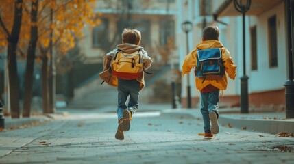 Two children running down a street with backpacks