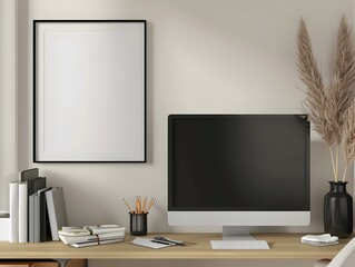 A mockup of an empty black poster frame on the wall, sitting above a desk with computer.