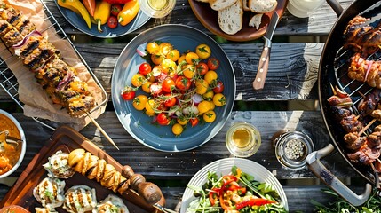 Scrumptious grilled vegetables and skewers with fresh summer salad and bread