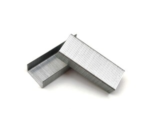 Top view of metallic staples for the stapler, isolated on white background.