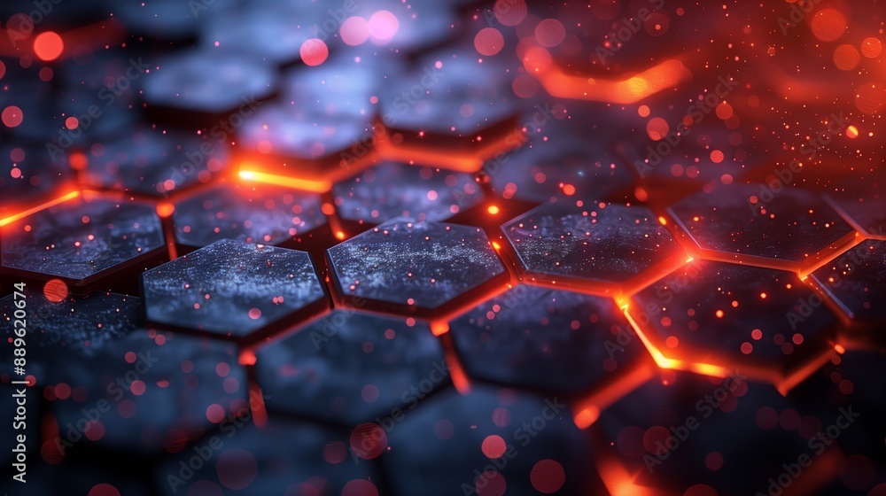 Poster close-up of glowing hexagonal pattern with red and orange lights