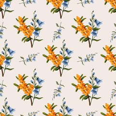 Cute watercolor pattern with bluebell flower and sea buckthorn branch. Ideal for home decor. 