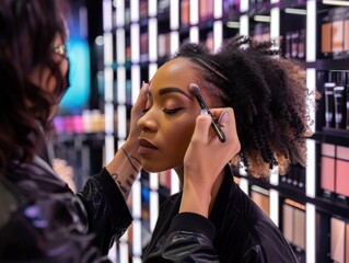 Makeup artist applying eye shadow to a model in a cosmetic store