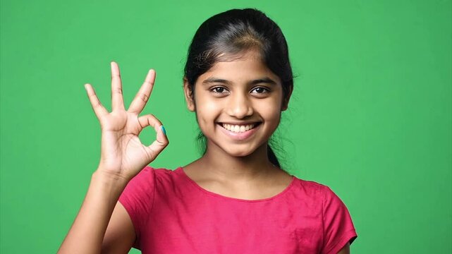 Young Indian teen girl smiling in a red shirt giving a okay gesture against a chroma key green screen.
