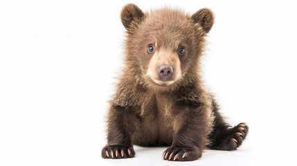 Fototapeta premium A cute brown bear cub sits and stares directly at the camera against a clean white background, highlighting its innocence and curiosity in a simple yet captivating wildlife shot.
