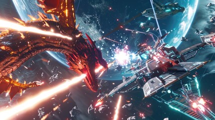 A cybernetic dragon-like creature attacking a space station defended by futuristic energy shields.