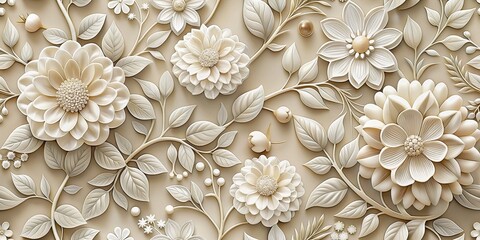 Elegant 3D Floral Design with White Flowers and Leaves on Beige Background, 3D Design, Floral Pattern,  Wall Art, Home Decor