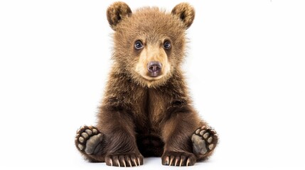 Fototapeta premium An adorable brown bear cub poses with its paws extended against a pristine white background, capturing the essence of youthful innocence and charm in wildlife photography.