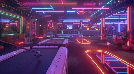 A retro-futuristic gaming lounge featuring pool tables, a vibrant environment with neon lights, and various gaming consoles creating a lively atmosphere.