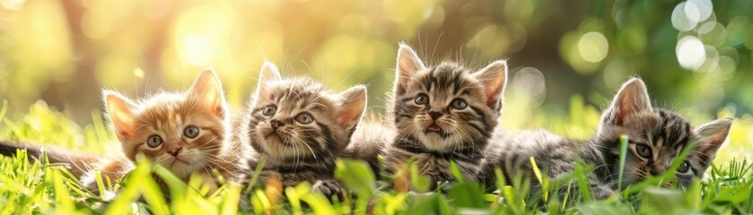 Raising awareness about cat care with playful kittens, realistic, natural light, high resolution, background of a sunny garden, fun and heartwarming