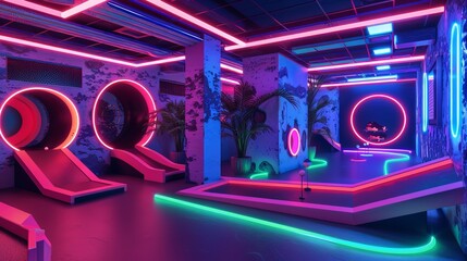 A creatively designed mini-golf course adorned with neon lights and modern decor, providing an enjoyable and visually striking experience for players and visitors alike.