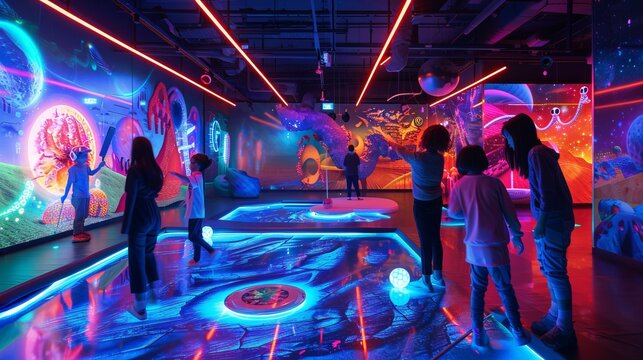 A group of people experience a vibrant and futuristic exhibit, filled with interactive installations and neon colors, creating an immersive and exciting environment.
