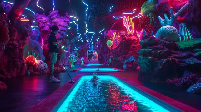 A neon-lit mini-golf adventure in a surreal underwater-themed environment. Features vibrant corals, sea plants, and futuristic designs, creating a playful and unique setting.