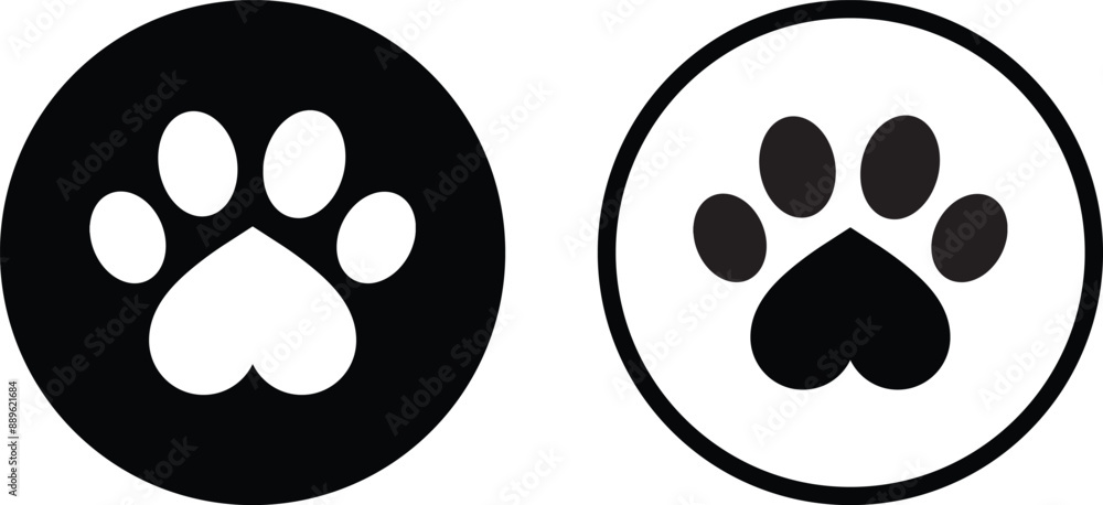 Poster paw print with heart icon set in two styles . heart shaped pet paw print icon . vector illustration