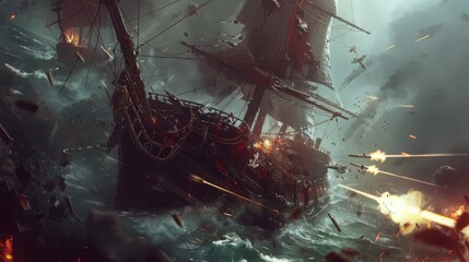 A damaged frigate fighting back against multiple attackers with its last remaining guns.
