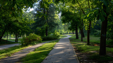 Fototapeta premium A path in a park with trees and bushes