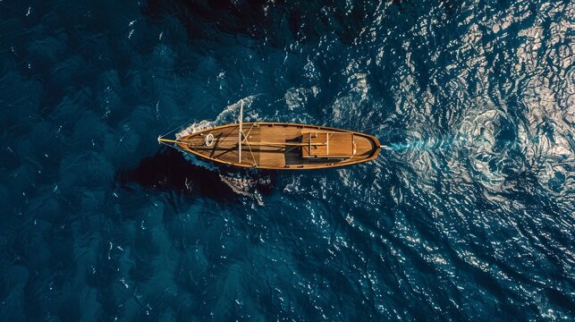 Aerial perspective of a wooden boat cutting through the blue waters. The image highlights the simplicity and elegance of maritime craftsmanship against the ocean&rsquo;s vastness.