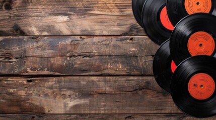 Vinyl records arranged on wooden table with space for text