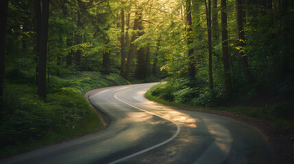 Fototapeta premium A winding road in a forest with trees on both sides