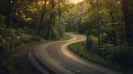 Obraz premium A winding road in a forest with trees on both sides
