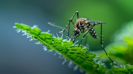 Fototapeta premium macro photography of a mosquito in a green leaves