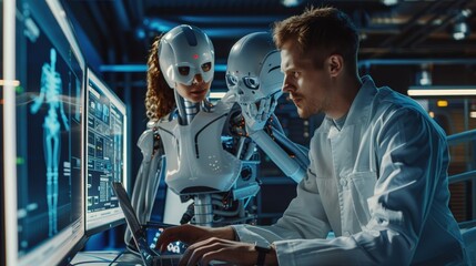 Portrait of Two Happy Female and Male Engineers Using Laptop Computer to Analyze and Discuss How to Proceed with the Artificial Intelligence Software, Generative AI