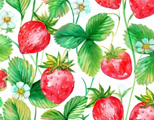 Watercolor seamless pattern with cute strawberry and green leaf. Stylized drawing illustration of summer berry isolated on white