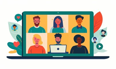 Multiethnic People Conference Meeting Online and Discussing Business Project. Laptop Screen Containing a Group Video Call. Colleagues Working From Home and Collaborating on, Generative AI