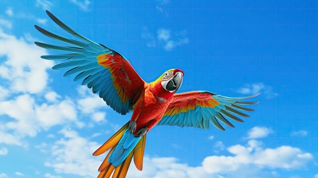 colorfull parrot flaying in the air against the blue sky .