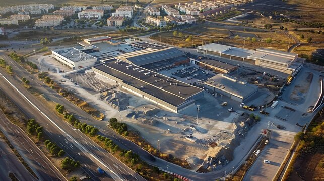 Overview shot showcasing a large-scale industrial construction site surrounded by roads and residential areas, revealing the infrastructural development in progress.