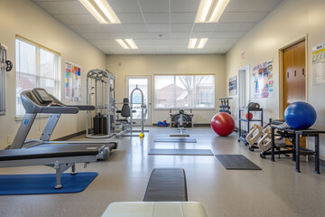 Spacious rehabilitation room with various fitness equipment in a health clinic