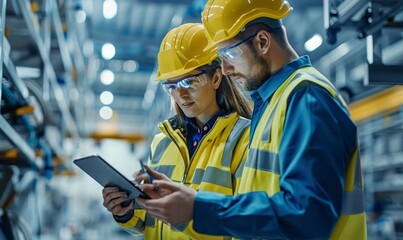 Factory Digitalization: Two Industrial Engineers Use Tablet Computer, Visualize the Wall of Big Data Statistics, Optimization of High-Tech Electronics, Generative AI