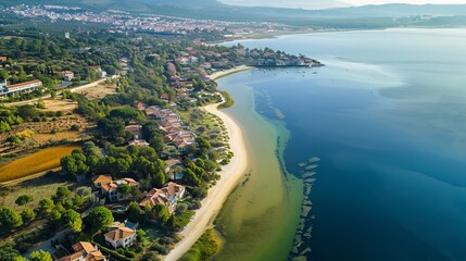 An aerial view reveals a coastal neighborhood with charming houses lined along sandy beaches, offering panoramic views of the serene waters and natural beauty.