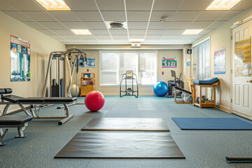 Modern rehabilitation room in health clinic with various equipment